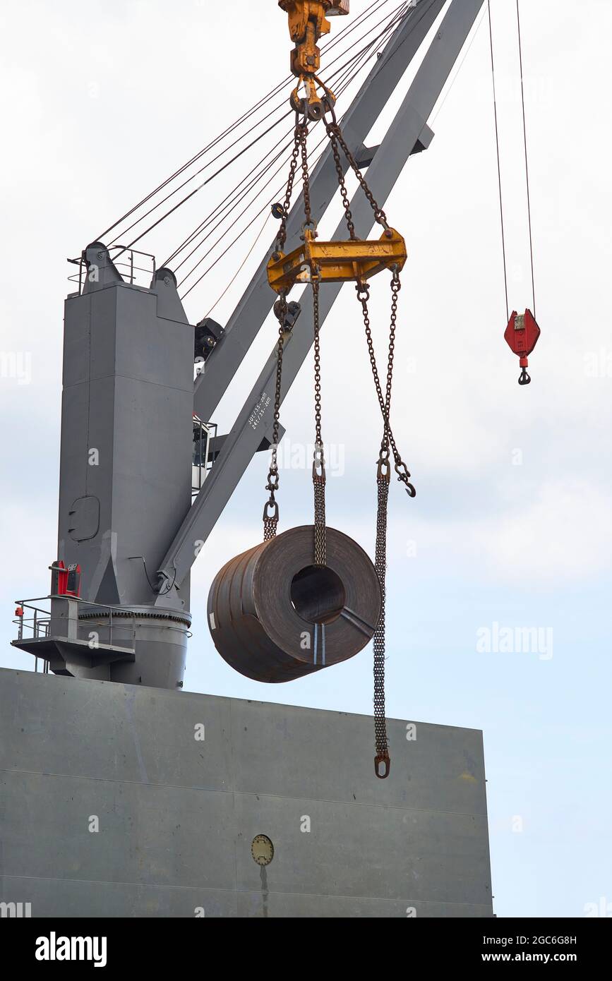 Loading roll steel in the Port of Bilbao, Biscay, Basque Country, Euskadi, Spain, Europe, Stock Photo