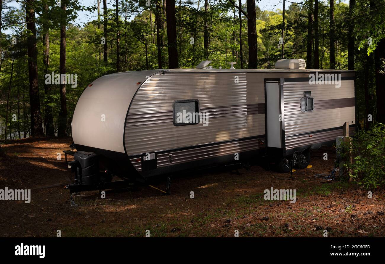 Water and electric water hookup on a travel trailer at Jordan Lake North Carolina Stock Photo