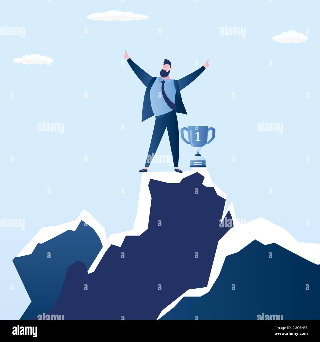 Happy businessman winner with cup standing on top of mountain peak ...