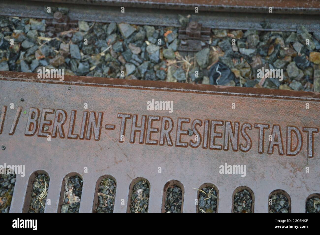 Platform 17 (Gleis17) Holocaust Memorial at Berlin-Grunewald station in Berlin, Germany - August 6, 2021. Berlin-Grunewald station was the principal location for deporting Berlin Jews to the East during The Holocaust. More than 50.000 Jews had deported through the Berlin-Grunewald station to the concentration camps; Auschwitz, Theresienstadt, Lodz, Riga. Stock Photo