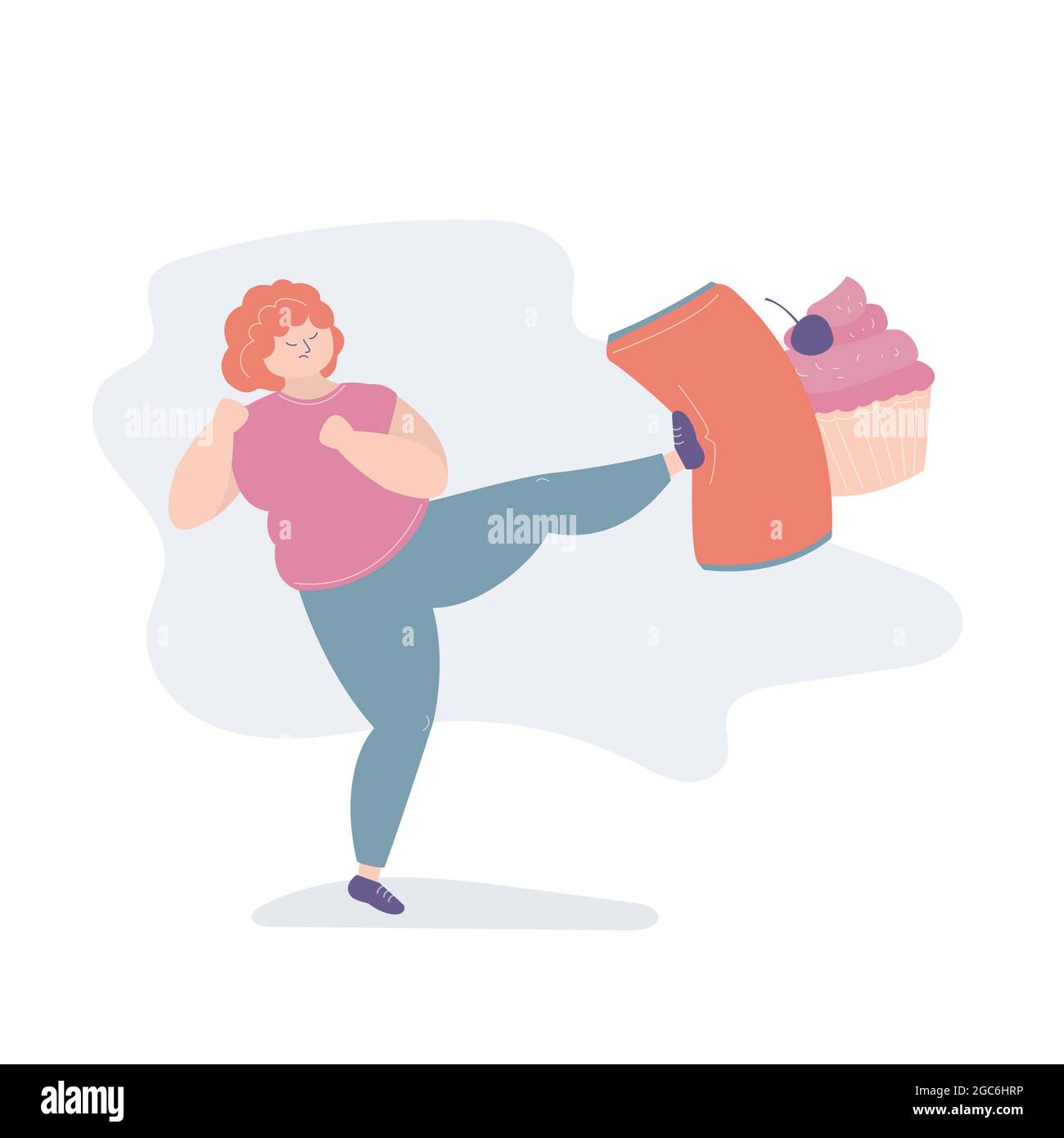 Unhappy fat girl fat woman kicks a can of soda and a hamburger,the problem of overweight and overeating,trendy style vector illustration Stock Vector