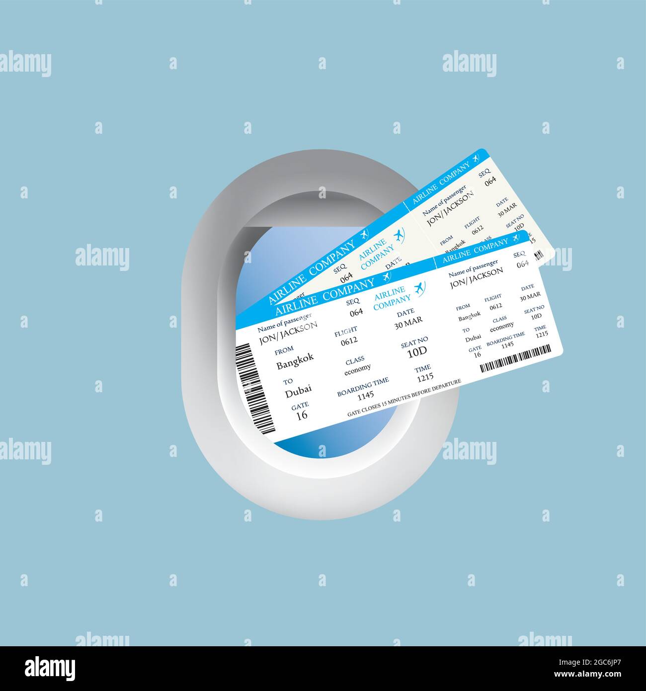 Realistic porthole of airplane with open window and boarding pass tickets,travel concept,vector illustration Stock Vector