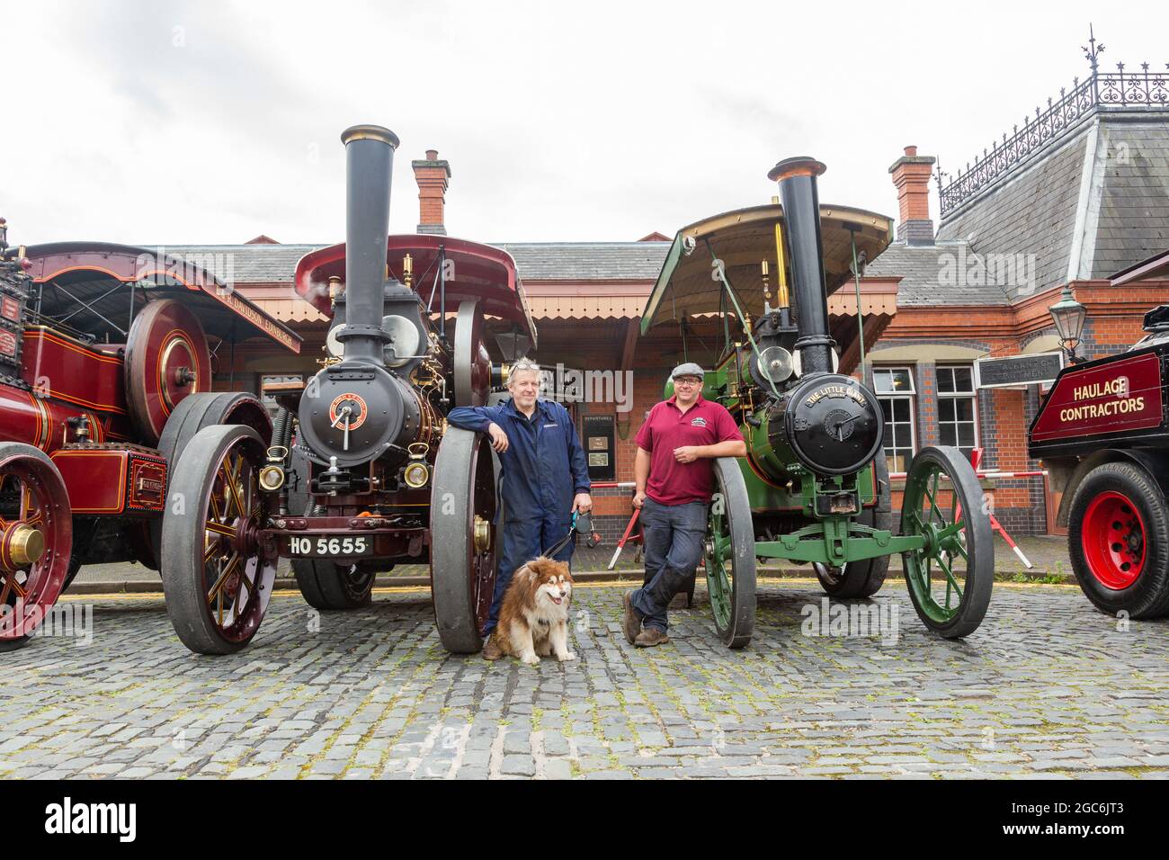 Kidderminster, Worcs, UK. 7th Aug, 2021. Ben Coles and Scott Lewis with  their Tasker B2 steam tractor and Fowler D2 road loco, dating from 1904 and  1914 at the Vintage Transport Extravaganza