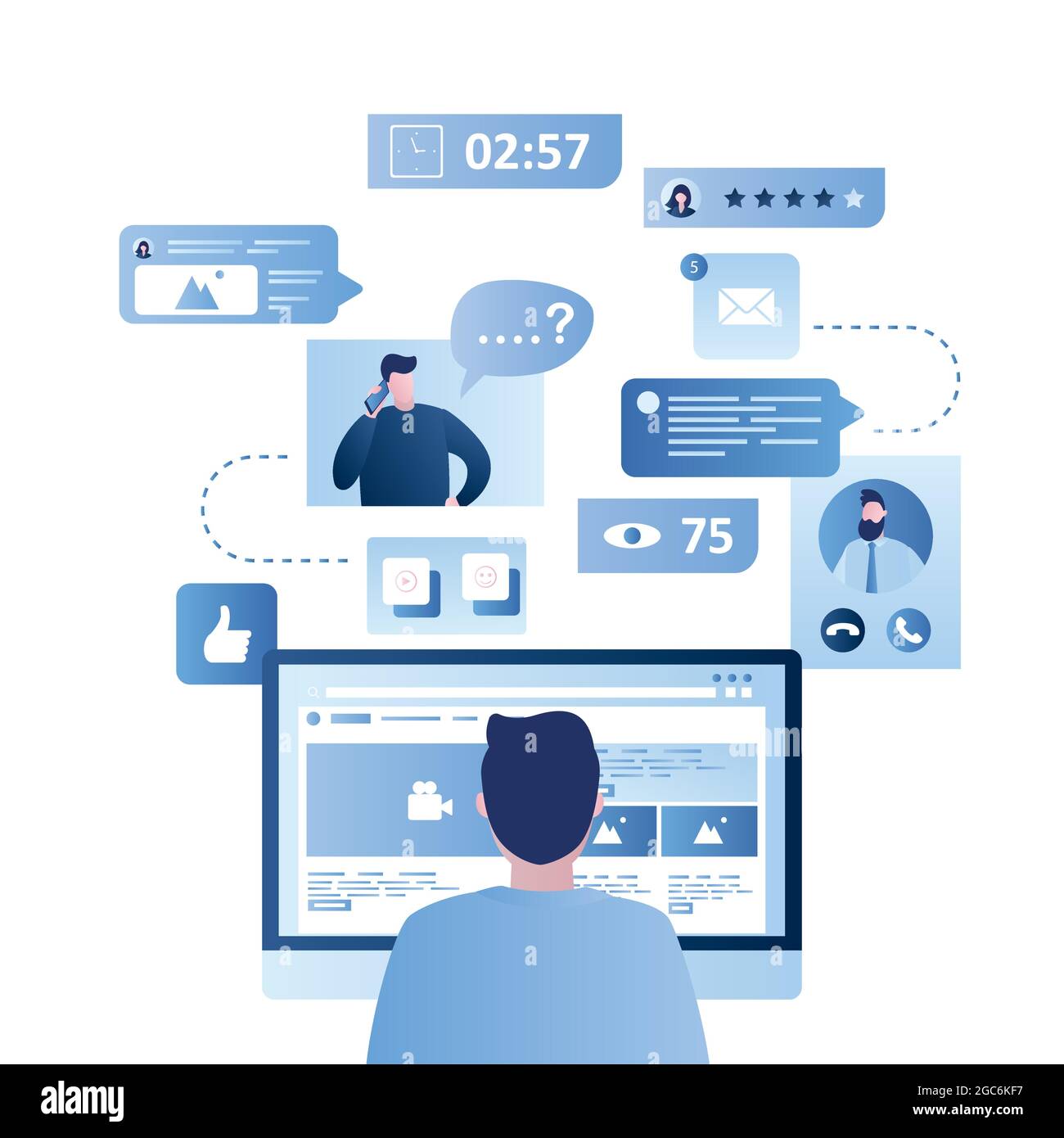 Man sits in front of the monitor screen,social network,people communication,web and mobile signs,smart technology,trendy style vector illustration. Stock Vector