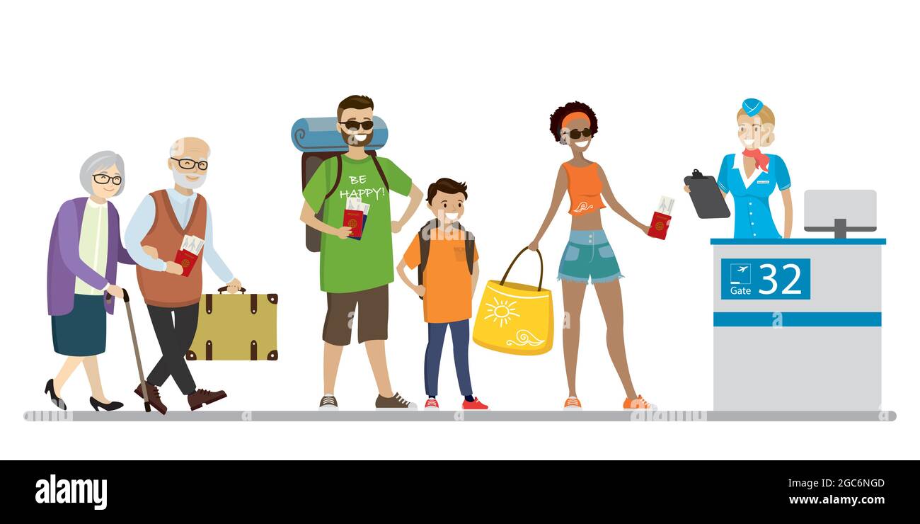 Queue of people travelers with luggage to check in for air flight.Air hostess and different characters isolated on white background,flat Vector illust Stock Vector