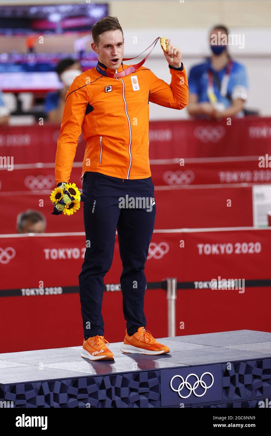 Tokyo, Japan. 06th Aug, 2021. LAVREYSEN Harrie (NED) Winner Gold Medal during the Olympic Games Tokyo 2020, Cycling Track Men's Sprint Medal Ceremony on August 6, 2021 at Izu Velodrome in Izu, Japan - Photo Photo Kishimoto / DPPI Credit: Independent Photo Agency/Alamy Live News Stock Photo