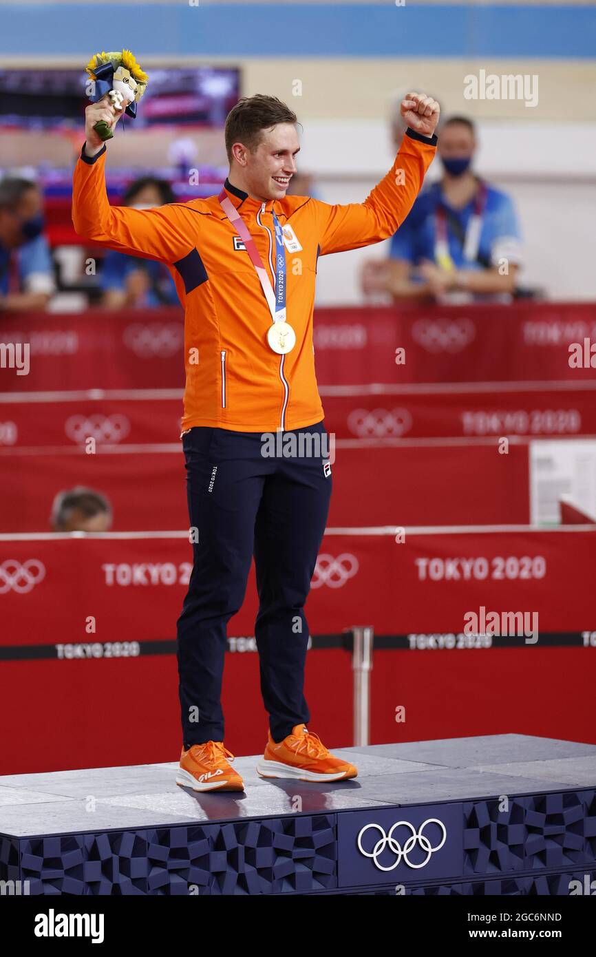 Tokyo, Japan. 06th Aug, 2021. LAVREYSEN Harrie (NED) Winner Gold Medal during the Olympic Games Tokyo 2020, Cycling Track Men's Sprint Medal Ceremony on August 6, 2021 at Izu Velodrome in Izu, Japan - Photo Photo Kishimoto / DPPI Credit: Independent Photo Agency/Alamy Live News Stock Photo