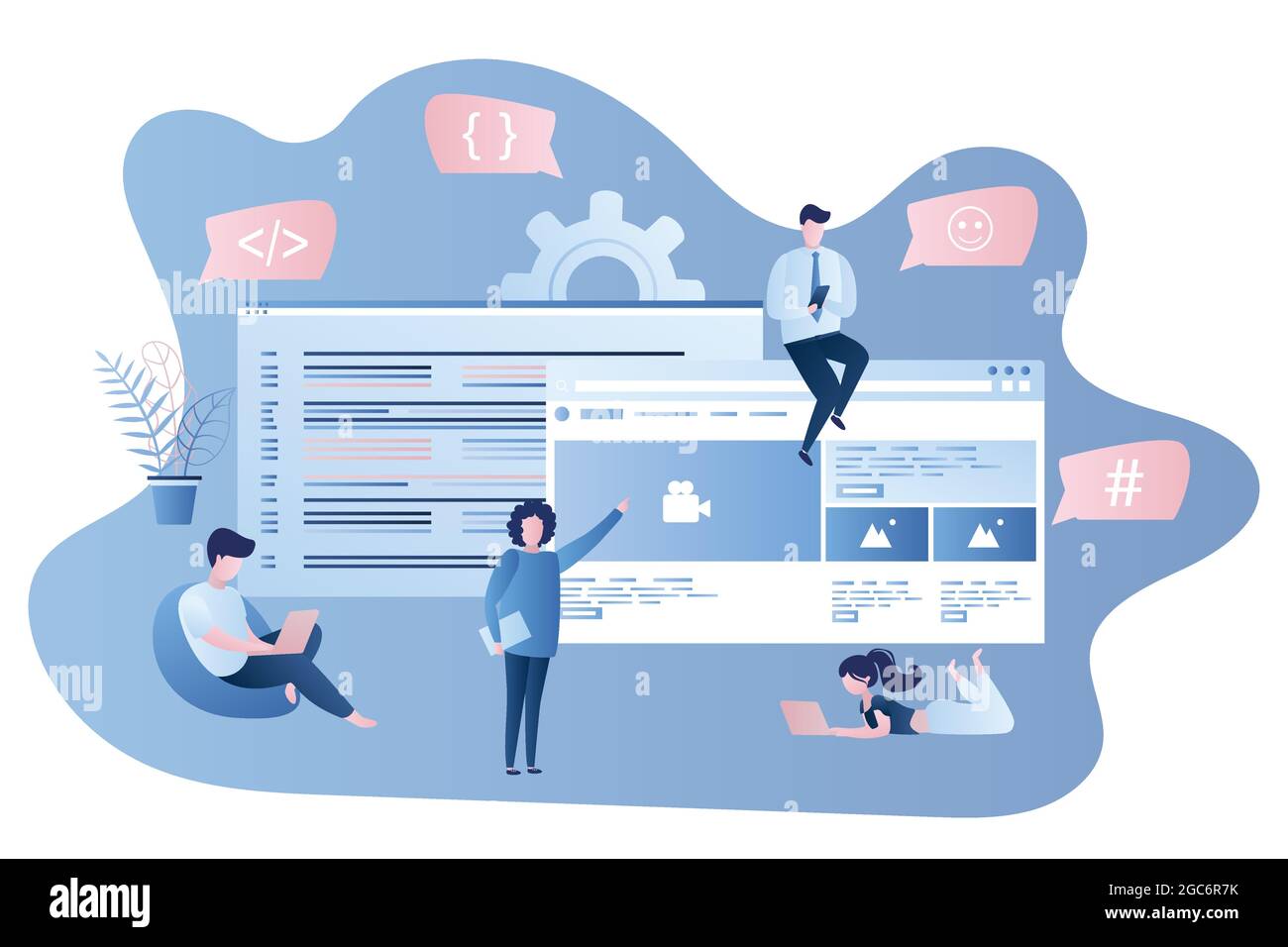 Front-end and back-end development,human characters with smart gadgets ...