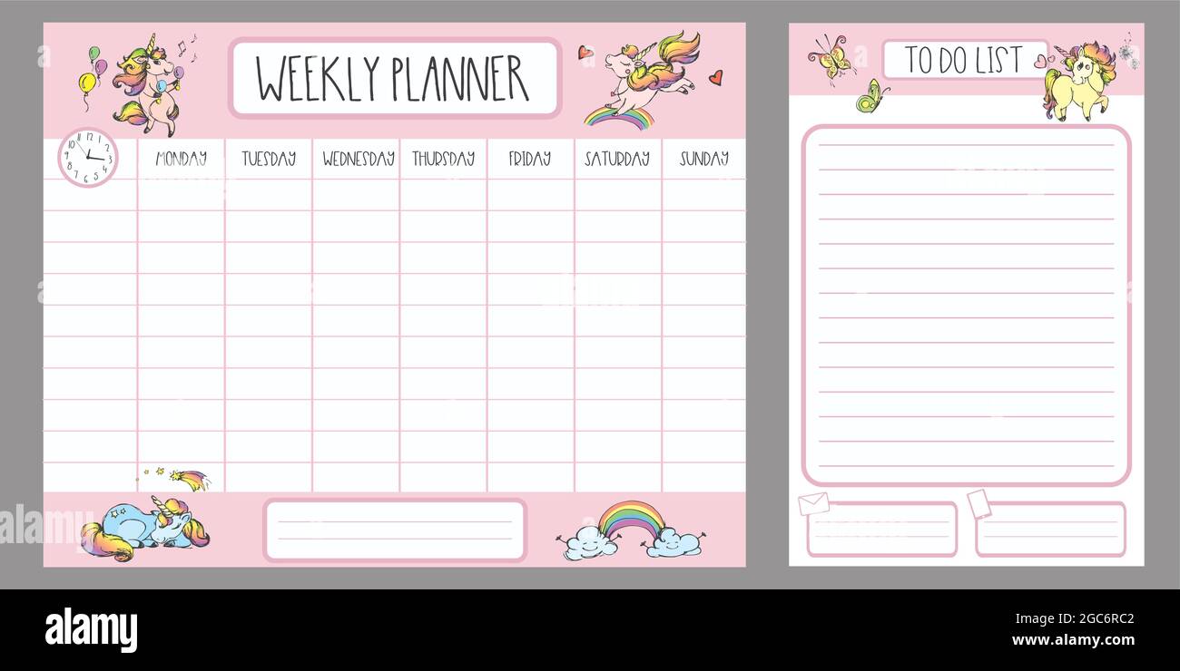 Weekly planner and to do list with different cute unicorns,adorable ...