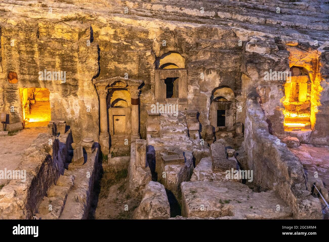 Exterior view of the 2000-year-old Kizilkoyun rock tombs from the Roman period in Sanliurfa, Turkey on May 27, 2021. Stock Photo