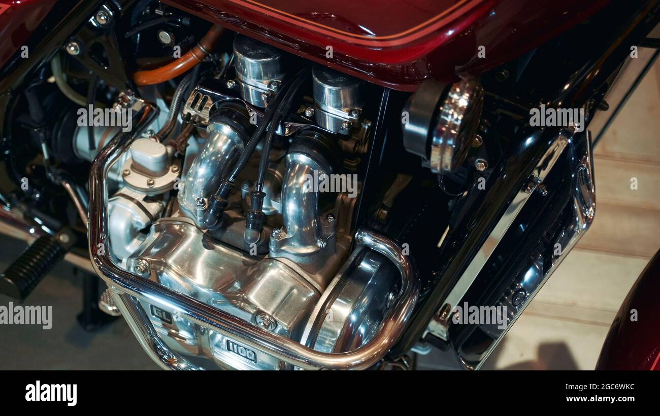View of motorcycle internal combustion engine, polished and shining. Warsaw, Poland - July 10, 2019 Stock Photo