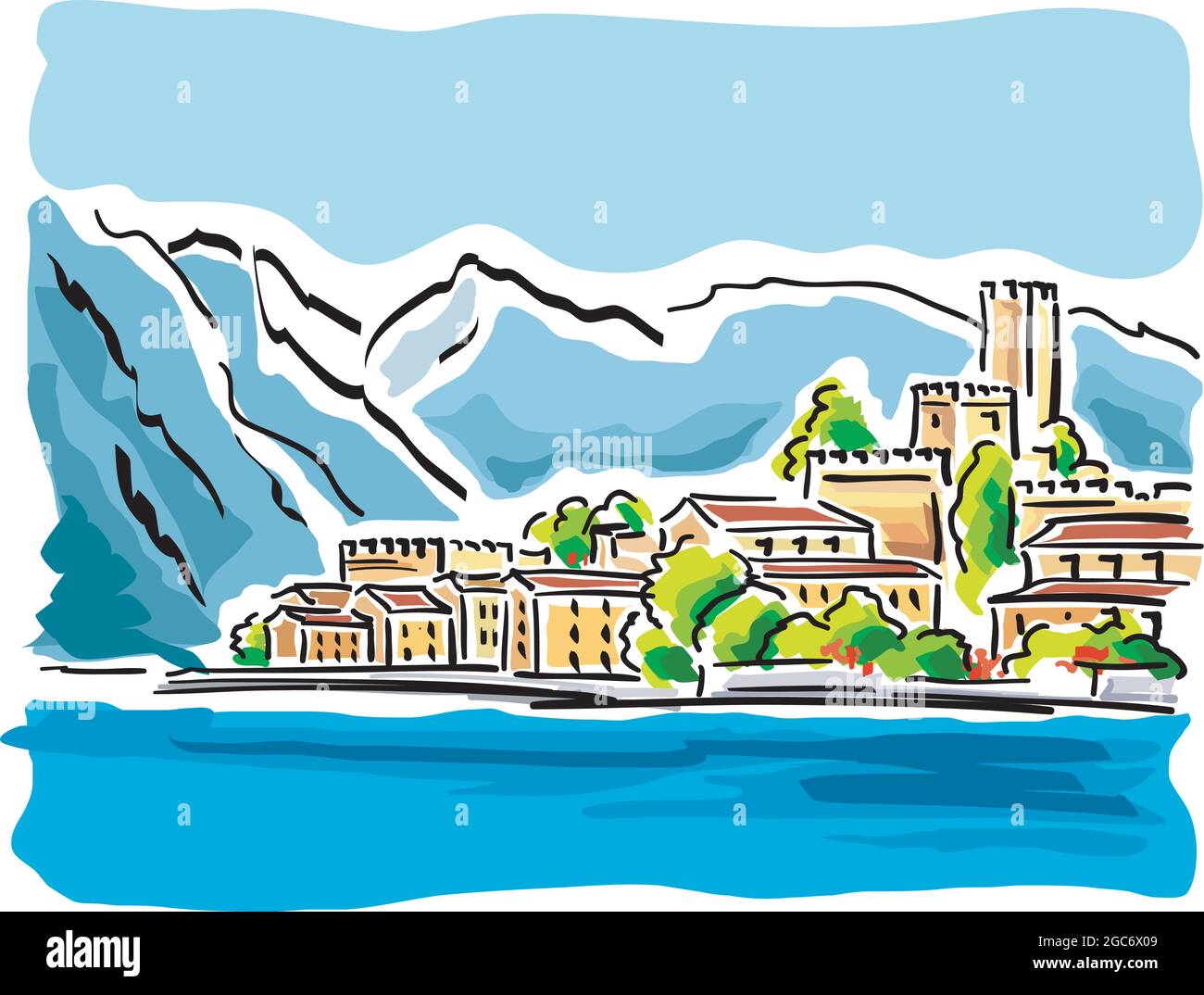 Panoramic view of an area of Lake Garda in Italy. Stock Vector