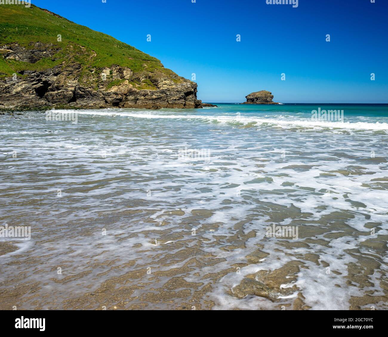 Summers day on the golden sandy beach at Portreath near Redruth Cornwall England UK Europe Stock Photo