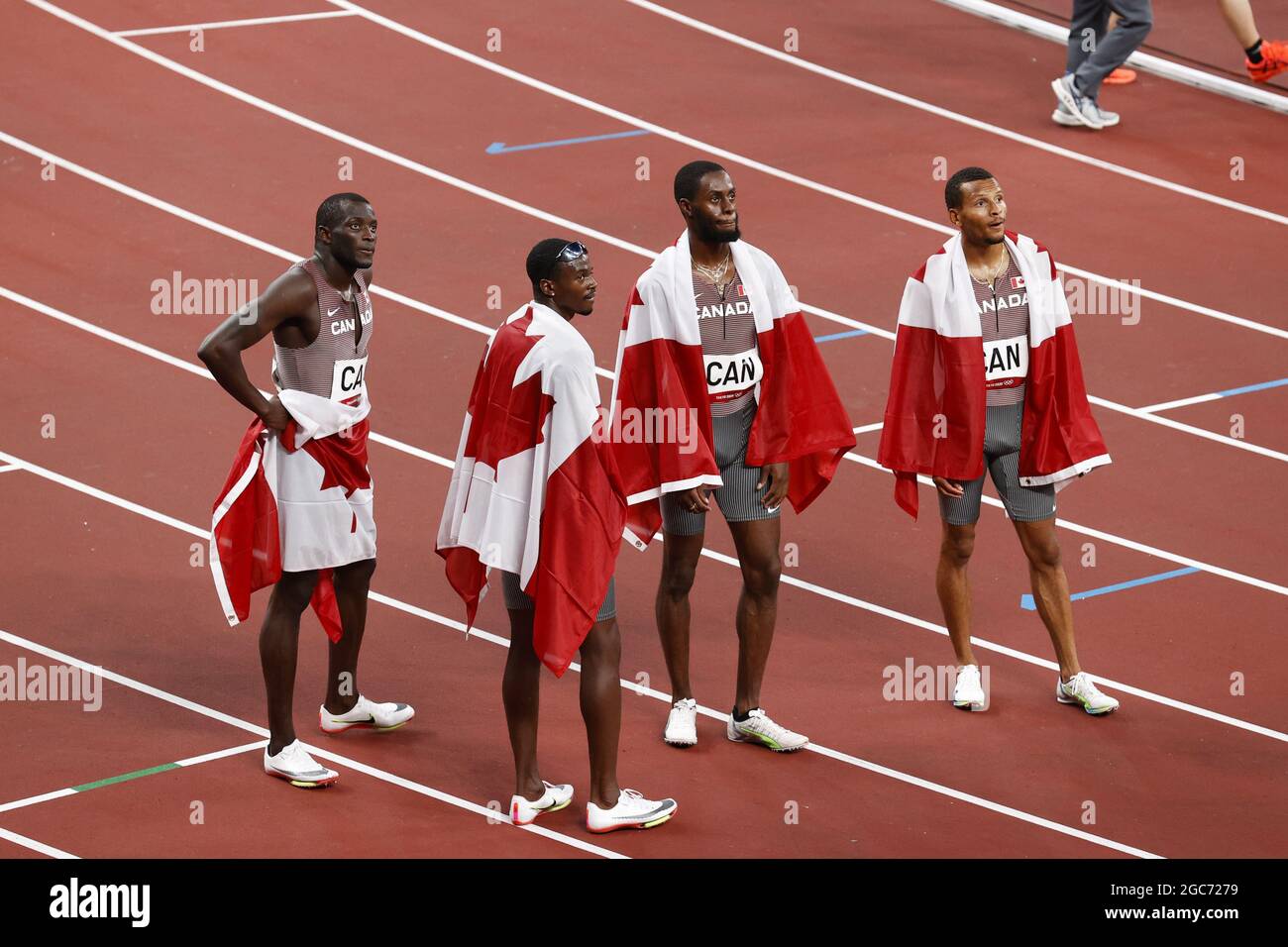 Tokyo, Japan. 06th Aug, 2021. Team Canada Bronze Medal during the Olympic Games Tokyo 2020, Athletics Mens 4x100m Relay Final on August 6, 2021 at Olympic Stadium in Tokyo, Japan - Photo Photo Kishimoto / DPPI Credit: Independent Photo Agency/Alamy Live News Stock Photo