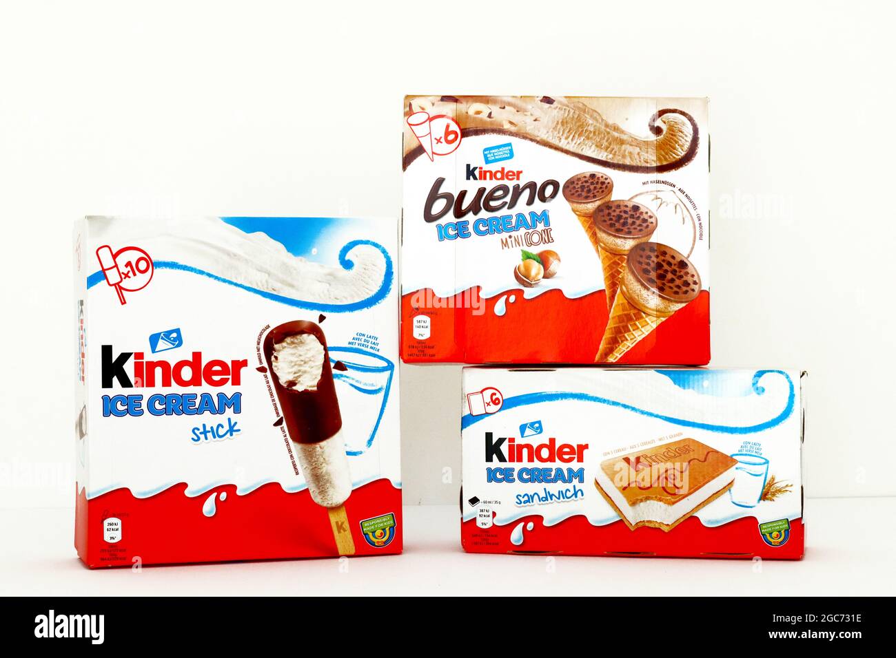Boxes of KINDER Ice Cream with different flavors. KINDER is a brand of