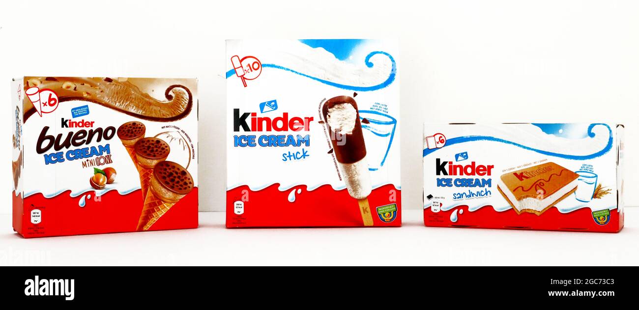 Boxes of KINDER Ice Cream with different flavors. KINDER is a brand of