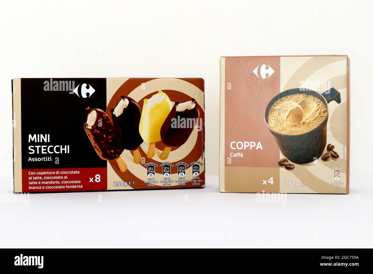 Boxes of CARREFOUR Ice Cream with different flavors. Sold by Carrefour Supermarket chain Stock
