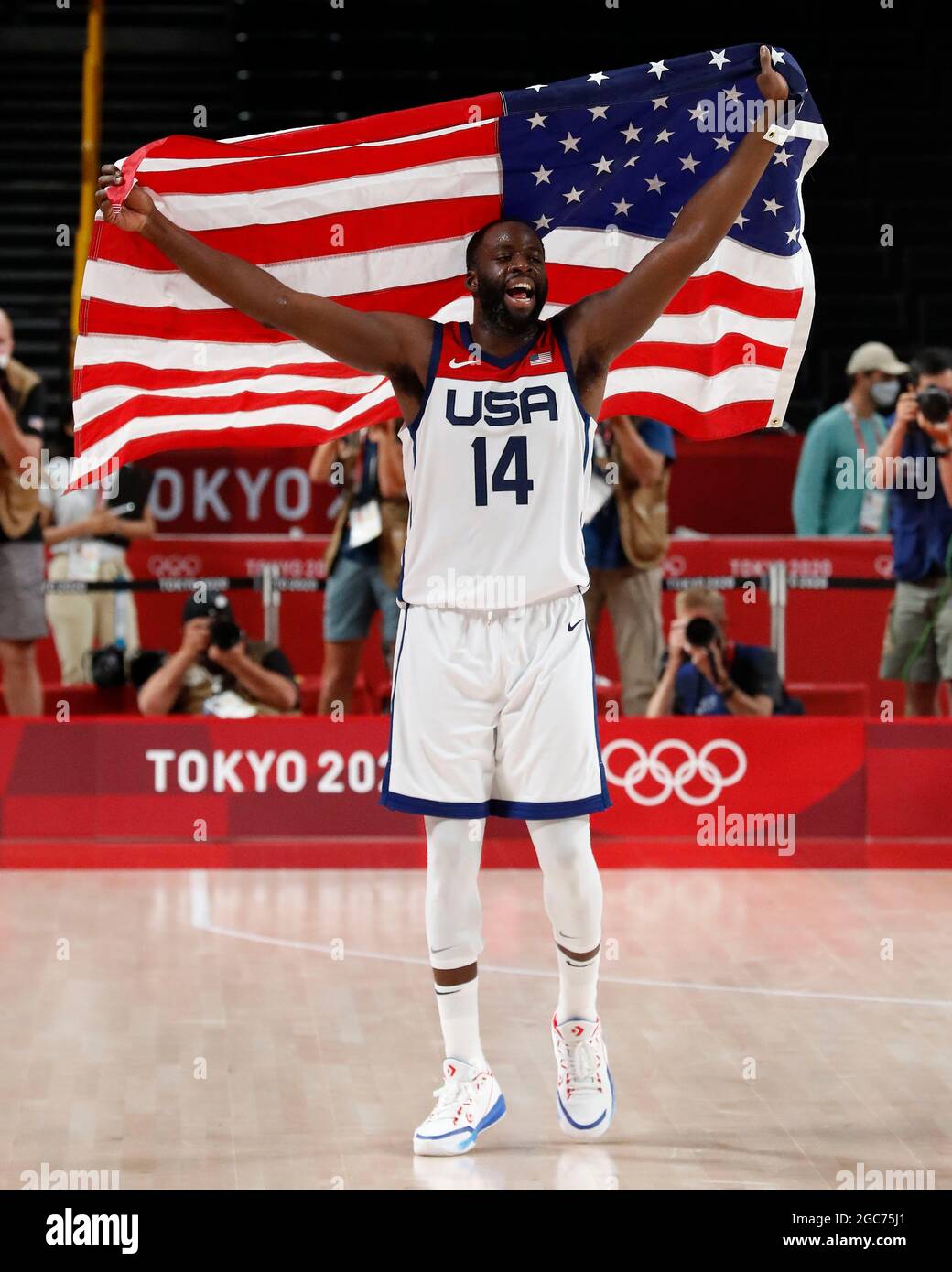Tokyo, Kanto, Japan. 7th Aug, 2021. DRAYMOND GREEN (14) of Team United  States celebrates winning the gold medal against France in the men's  basketball gold medal game during the Tokyo 2020 Olympic