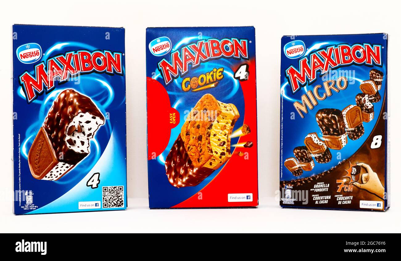 Boxes of MAXIBON Ice Cream. MAXIBON is a brand of Nestlé Stock Photo