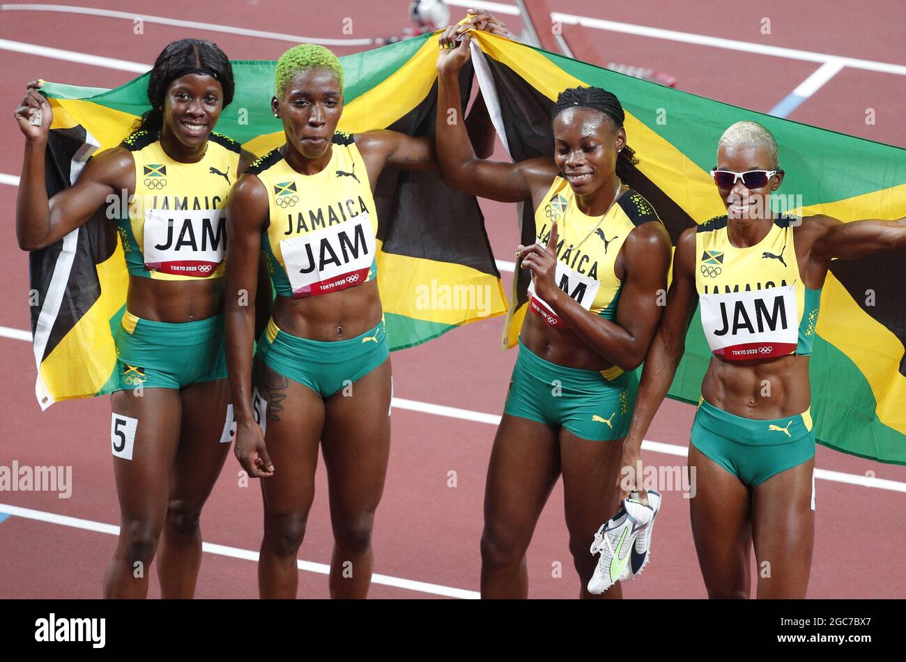Tokyo, Japan. 07th Aug, 2021. Jamaica's team celebrates winning the Bronze medal in the Women's 4 X 400m Final with a time of 3:21.24 at the Olympic Stadium during the 2020 Summer Olympics in Tokyo, Japan on Saturday, August 7, 2021. Photo by Bob Strong/UPI Credit: UPI/Alamy Live News Stock Photo