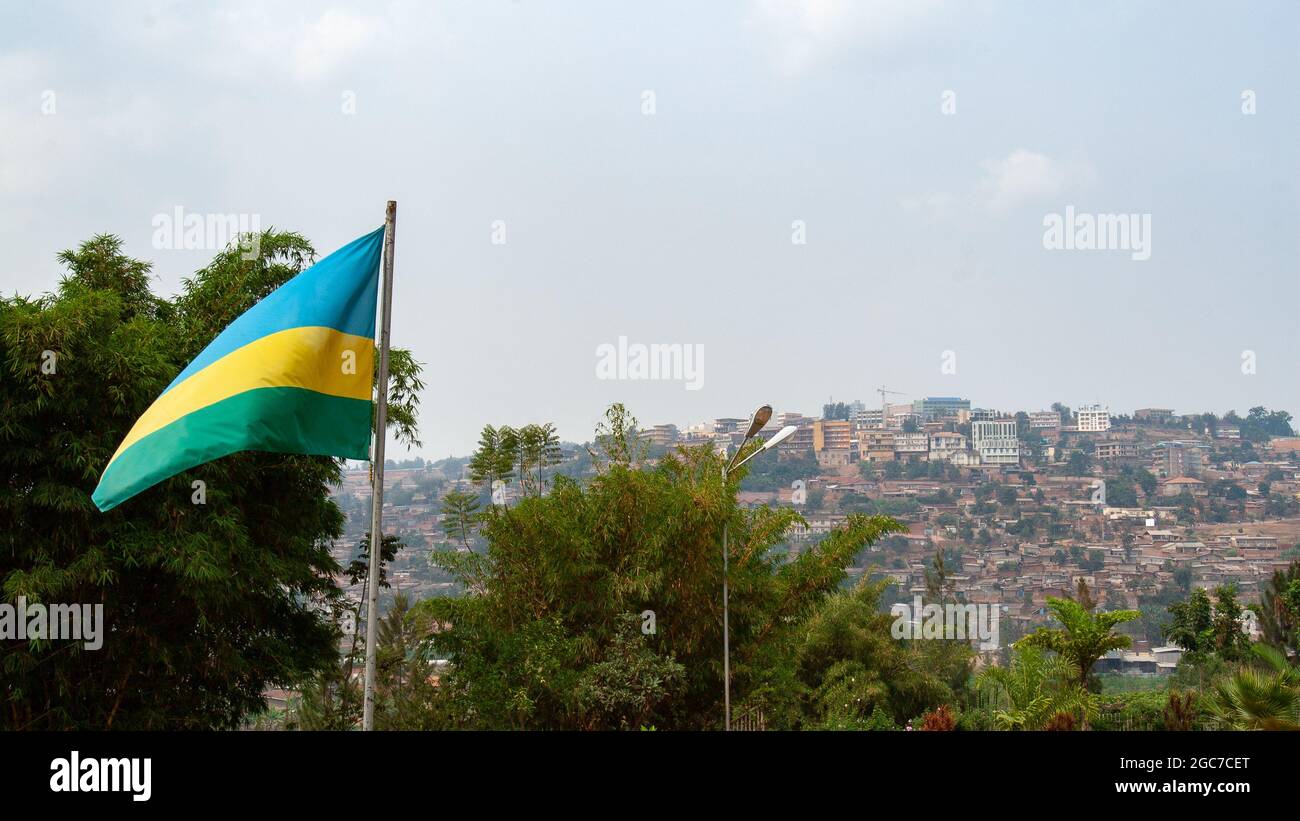 Rwanda flag waving Kigali Genocide Memorial Center Rwanda Stock Photo