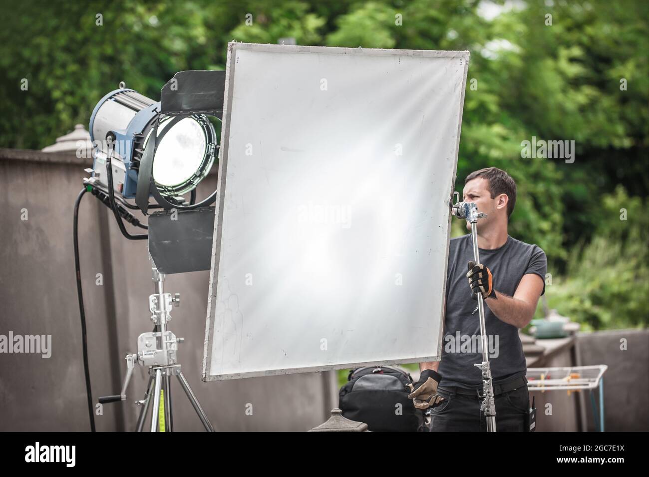 Behind the scene. Filmmaking lighting technician electric engineer