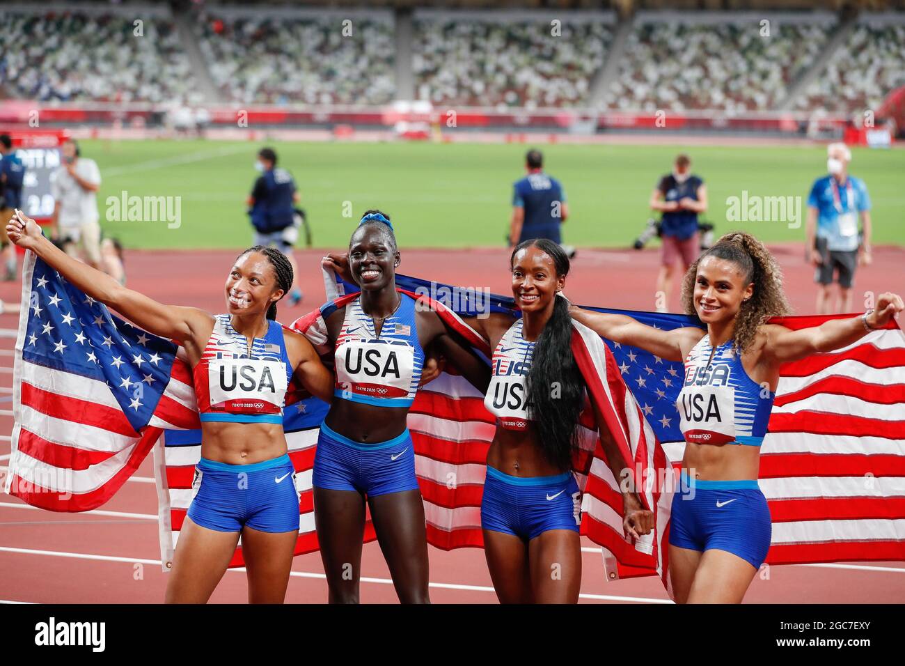 Tokyo, Japan. 07th Aug, 2021. Team USA celebrates their gold medal win in the Women's 4x400m final at Olympic Stadium during the 2020 Summer Olympics in Tokyo, Japan on Saturday, August 7, 2021. The United States took gold with a time of 3:16.85 while Poland took silver with a time of 3:20.53 and Jamaica took bronze with a time of 3:21.24. Photo by Tasos Katopodis/UPI Credit: UPI/Alamy Live News Stock Photo