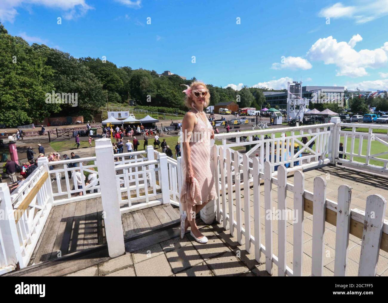Weybridge,  UK. 07 August 2021  Step back in time to celebrate  exactly 95 years after the first   British Grand Prix was staged in Brookland,with music from the Hot Jazz Vagabounds and their wonderul dressed lead singer in her 20 attire  .Paul Quezada-Neiman/Alamy Live News Stock Photo
