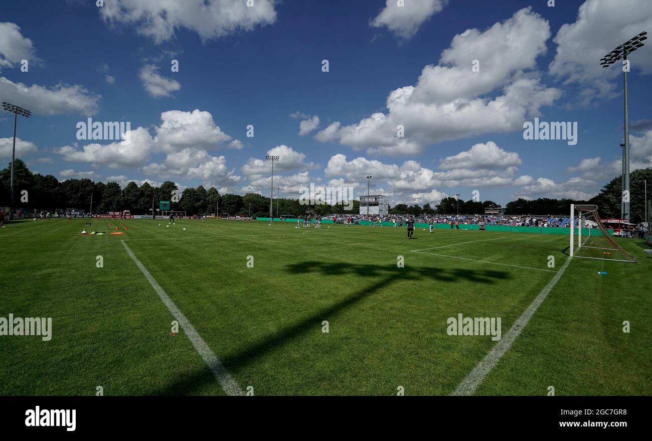 Flensburg, Germany. 07th Aug, 2021. Football: DFB Cup, 2021/22 season, 1st round, SC Weiche Flensburg 08 - Holstein Kiel. View of the Manfred Werner Stadium. Credit: Axel Heimken/dpa - IMPORTANT NOTE: In accordance with the regulations of the DFL Deutsche Fußball Liga and/or the DFB Deutscher Fußball-Bund, it is prohibited to use or have used photographs taken in the stadium and/or of the match in the form of sequence pictures and/or video-like photo series./dpa/Alamy Live News Stock Photo