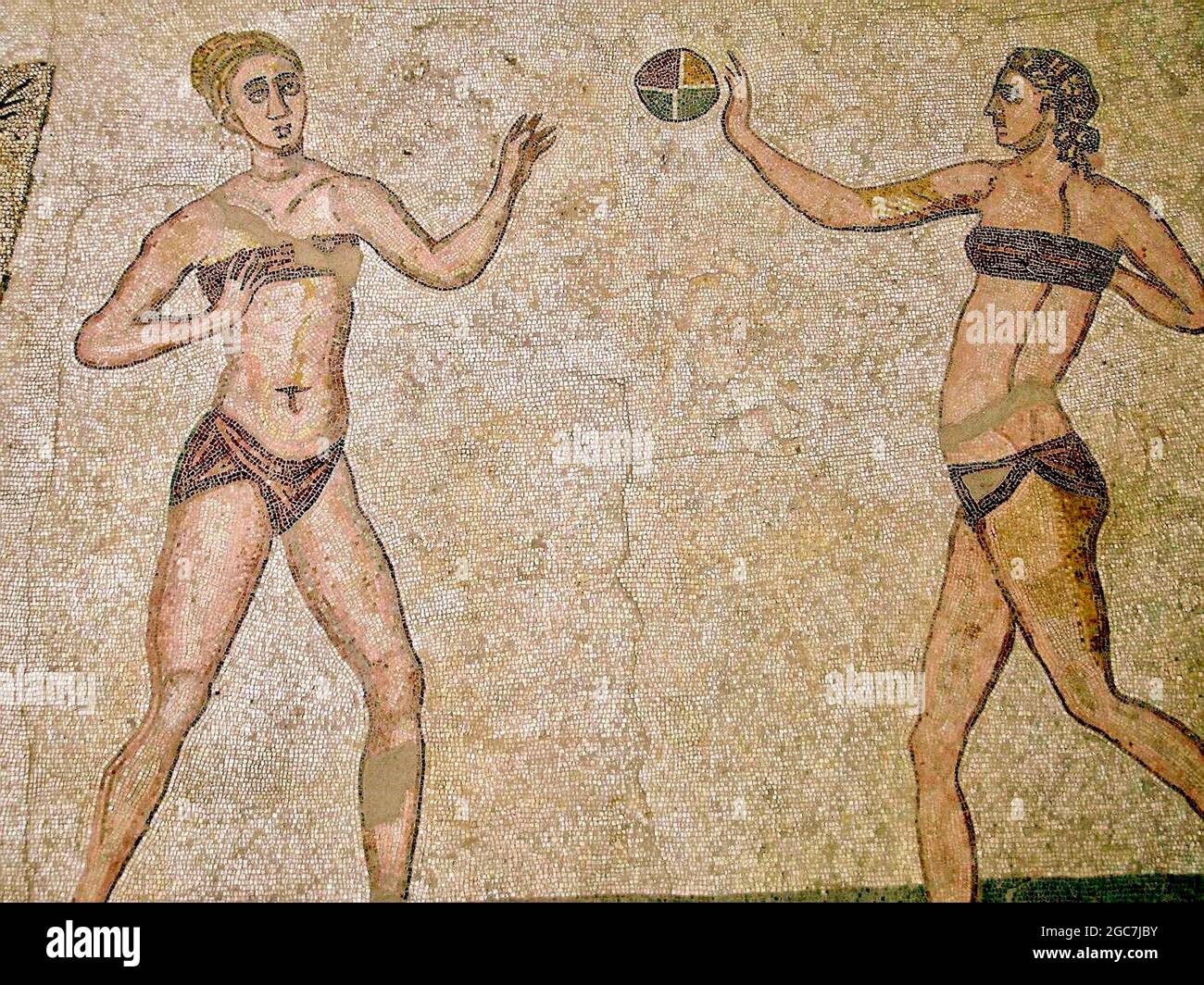 Roman Bikini Mosaics at The Villa Romana del Casale, Sicily, Italy. Early depiction of Roman women wearing bikinis from early 4th century AD. Stock Photo