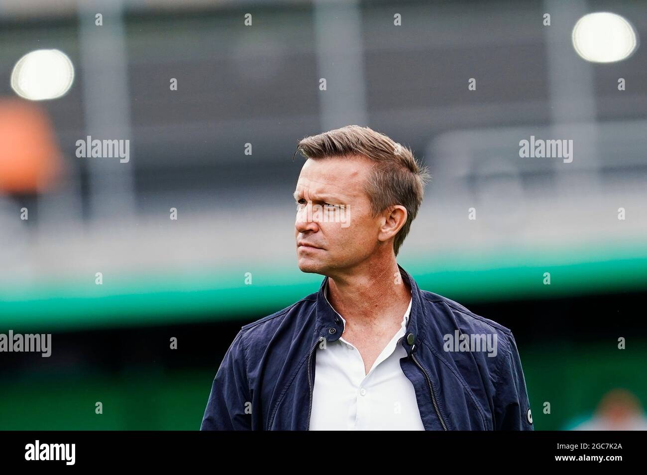 Sandhausen, Germany. 07th Aug, 2021. 07 August 2021, Baden-Wuerttemberg, Sandhausen: Football: DFB Cup, SV Sandhausen - RB Leipzig, 1st round, Hardtwaldstadion. Leipzig coach Jesse Marsch walks across the pitch. (IMPORTANT NOTE: In accordance with the regulations of the DFL Deutsche Fußball Liga and the DFB Deutscher Fußball-Bund, it is prohibited to exploit or have exploited photographs taken in the stadium and/or of the match in the form of sequence pictures and/or video-like photo series). Photo: Uwe Anspach/dpa - IMPORTANT NOTE: In accordance with the regulations of the DFL Deutsche Fußbal Stock Photo