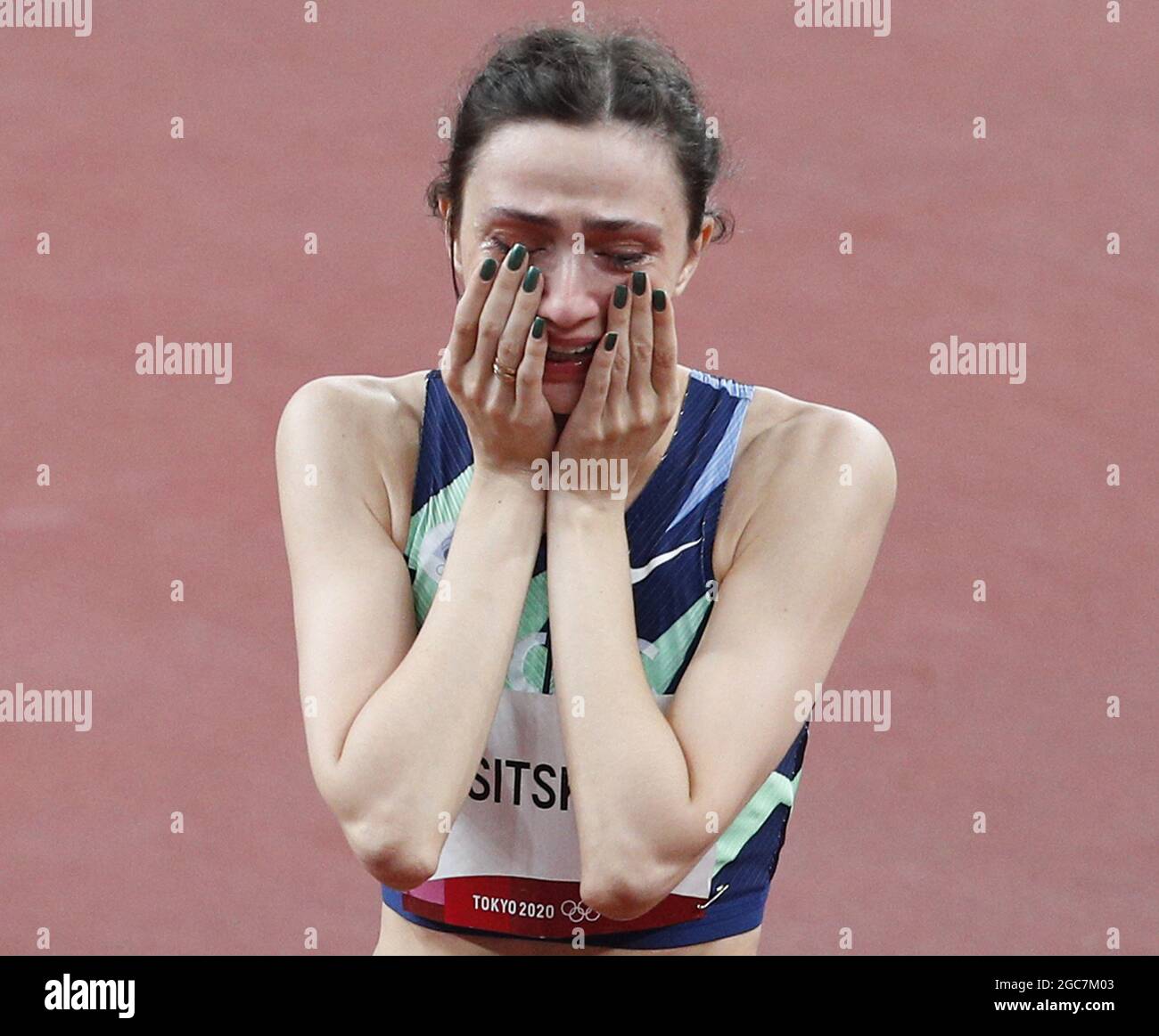 Tokyo, Japan. 07th Aug, 2021. ROC's Mariya Lasitskene reacts after