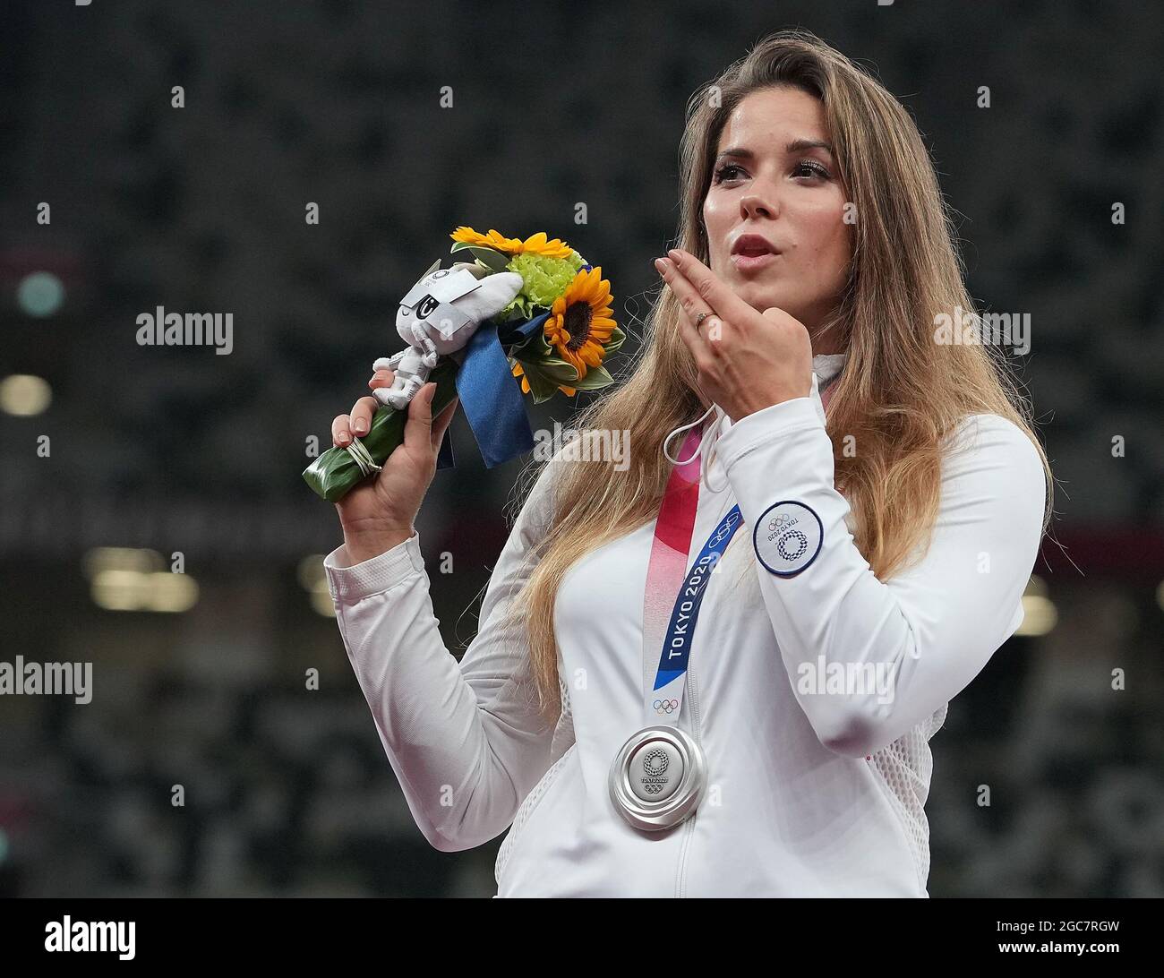 Tokyo, Japan. 7th Aug, 2021. Maria Andrejczyk of Poland reacts during the awarding ceremony of the Women's Javelin Throw at the Tokyo 2020 Olympic Games in Tokyo, Japan, Aug. 7, 2021. Credit: Lui Siu Wai/Xinhua/Alamy Live News Stock Photo