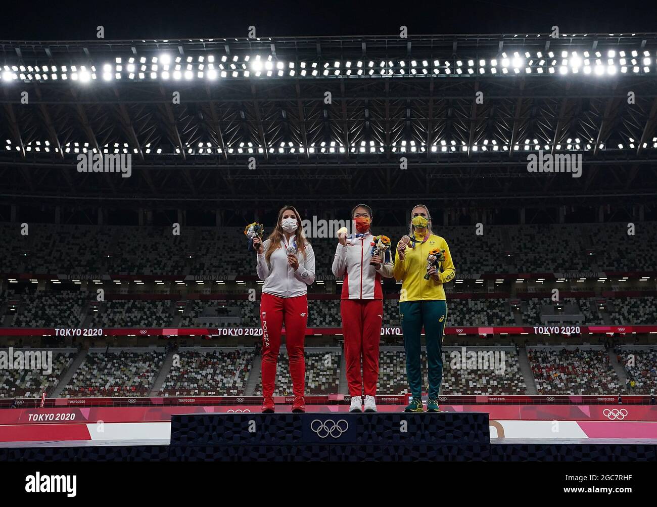 Tokyo, Japan. 7th Aug, 2021. Gold medalist Liu Shiying (C) of China, silver medalist Maria Andrejczyk (L) of Poland and bronze medalist Kelsey-Lee Barber of Australia react during the awarding ceremony of the Women's Javelin Throw at the Tokyo 2020 Olympic Games in Tokyo, Japan, Aug. 7, 2021. Credit: Lui Siu Wai/Xinhua/Alamy Live News Stock Photo