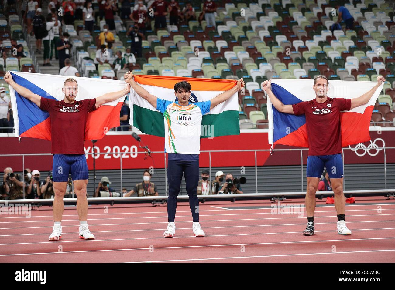 Tokyo, Japan. 7th Aug, 2021. Neeraj Chopra (C) of India, Jakub Vadlejch