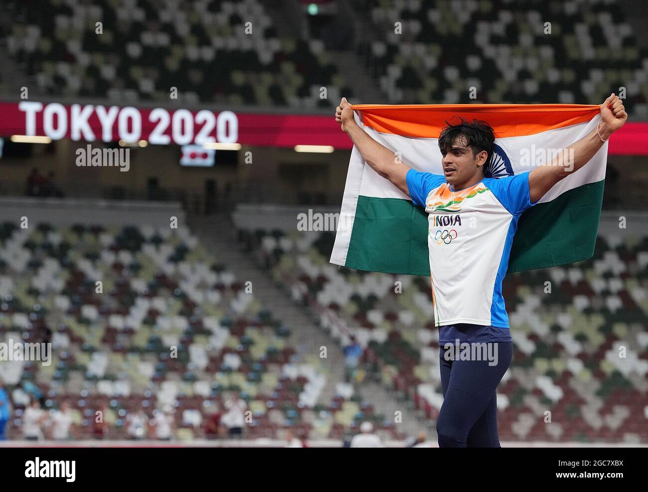 Tokyo, Japan. 7th Aug, 2021. Neeraj Chopra Of India Celebrates After ...