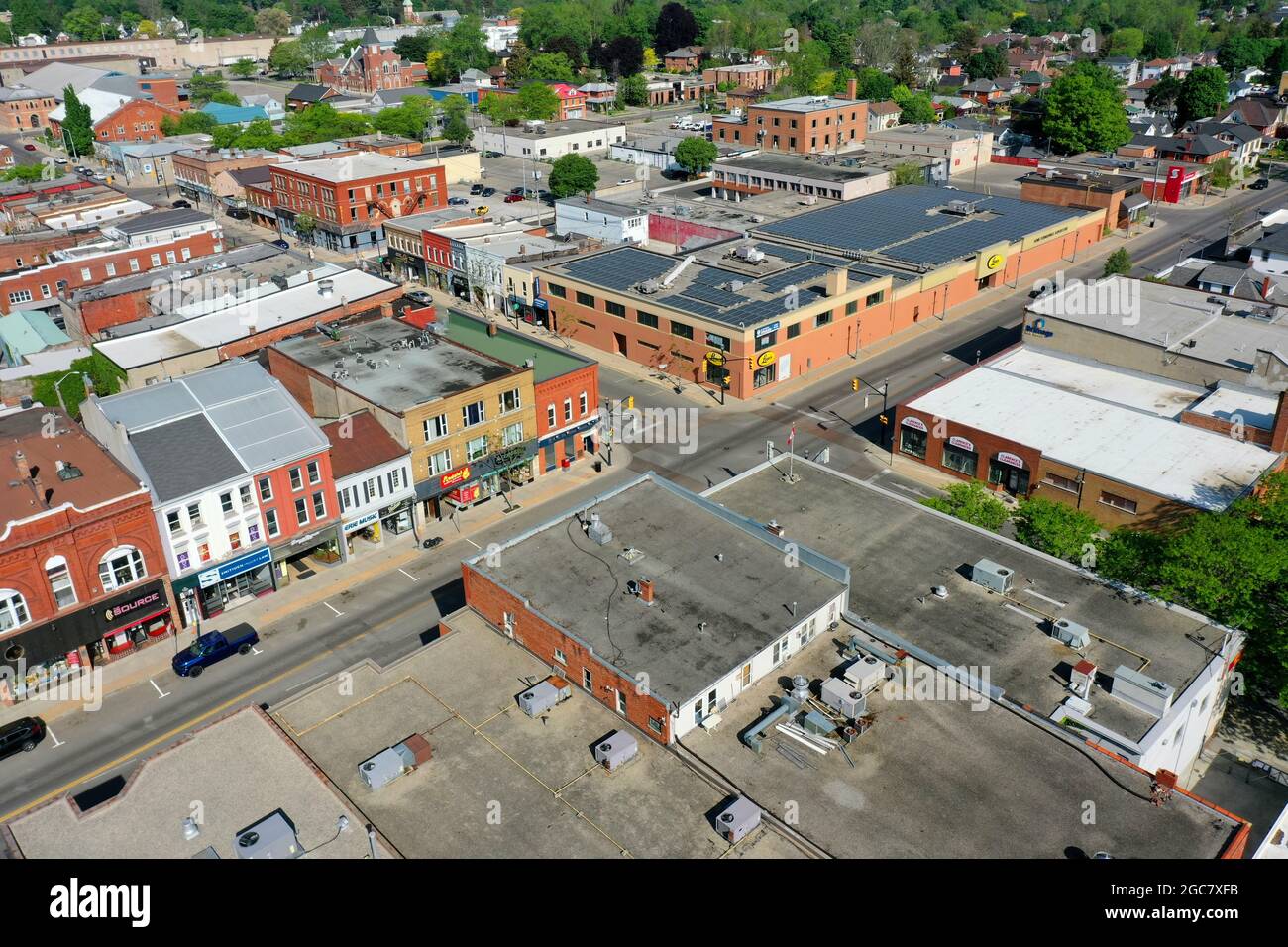 An aerial view of downtown Simcoe, Ontario, Canada, editorial Stock