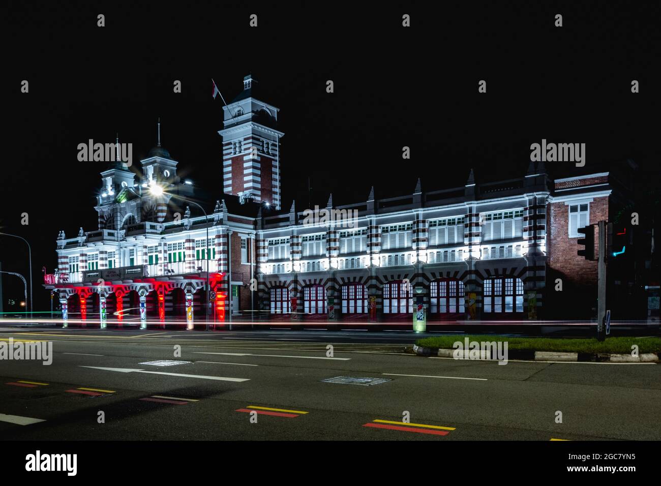 Night scene of The Central Fire Station, Singapore's oldest fire station built in 1908. Stock Photo