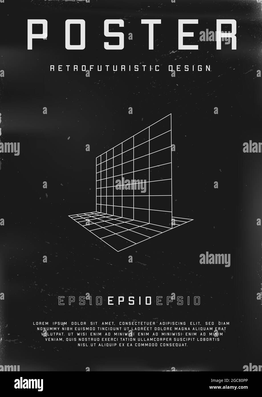 Retrofuturistic poster design with perspective grids. Cyberpunk 80s style poster with perspective flatnesses. Shabby scratched flyer template for your Stock Vector