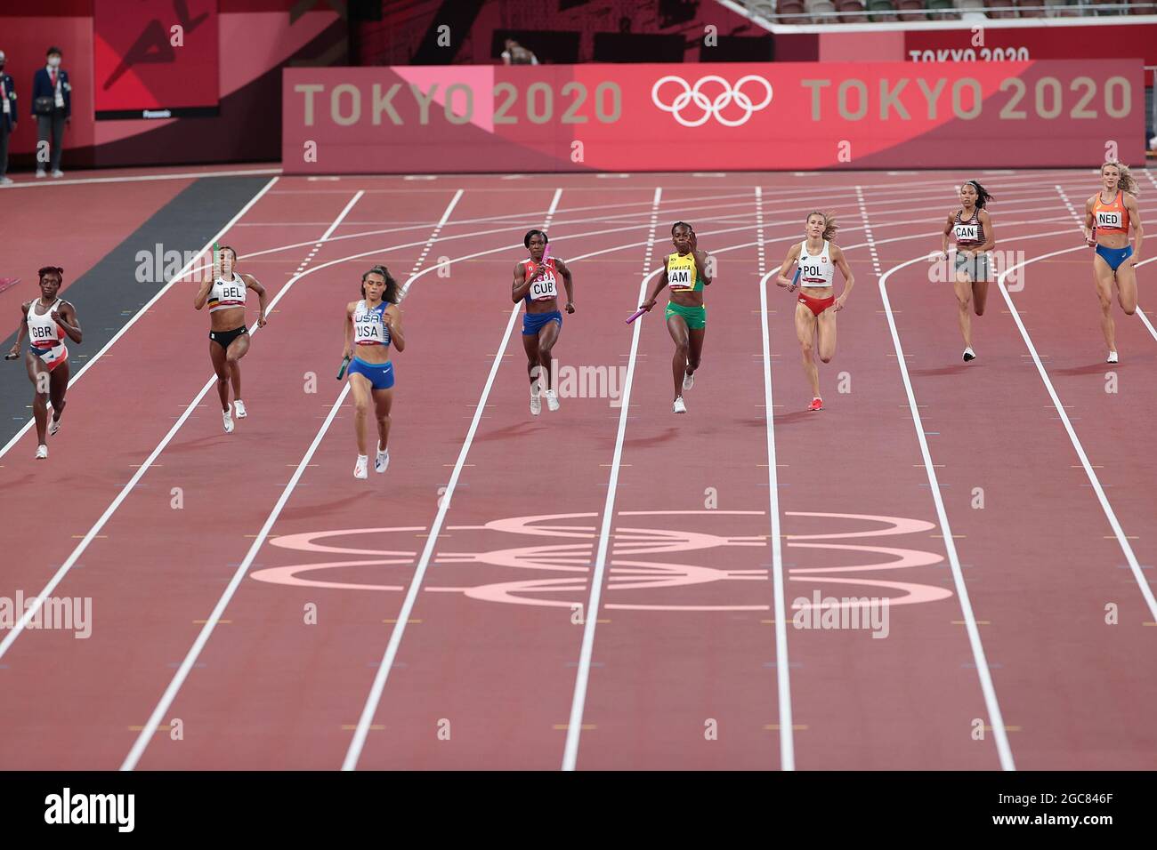 Tokyo, Japan. 7th Aug, 2021. Athletes compete during the Women's 4x400m Final at the Tokyo 2020 Olympic Games in Tokyo, Japan, Aug. 7, 2021. Credit: Li Gang/Xinhua/Alamy Live News Stock Photo