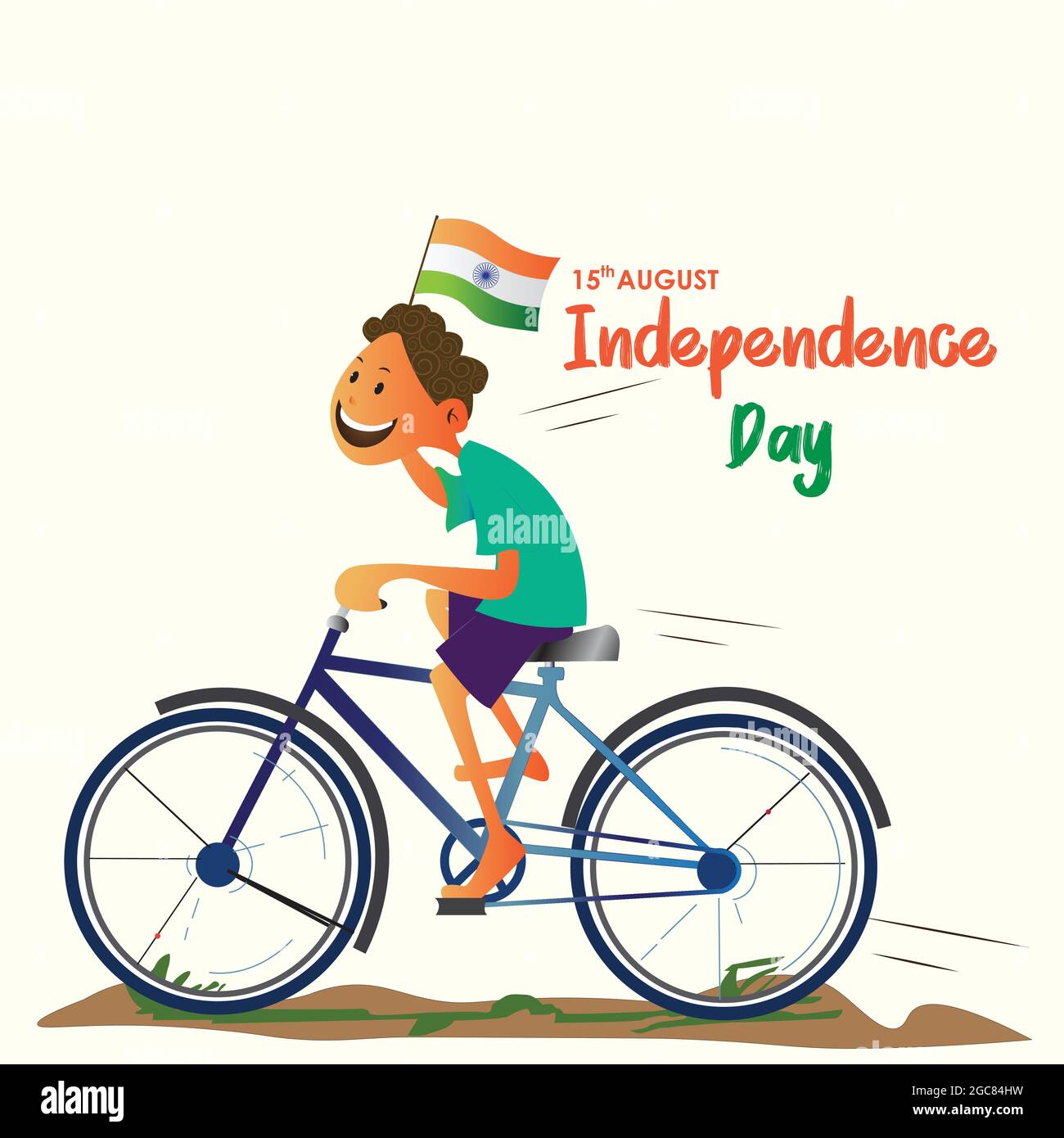 Illustration of Independence day of India. In this poster, a little boy runs a bicycle and he is holding the Indian flag in his hand Stock Vector