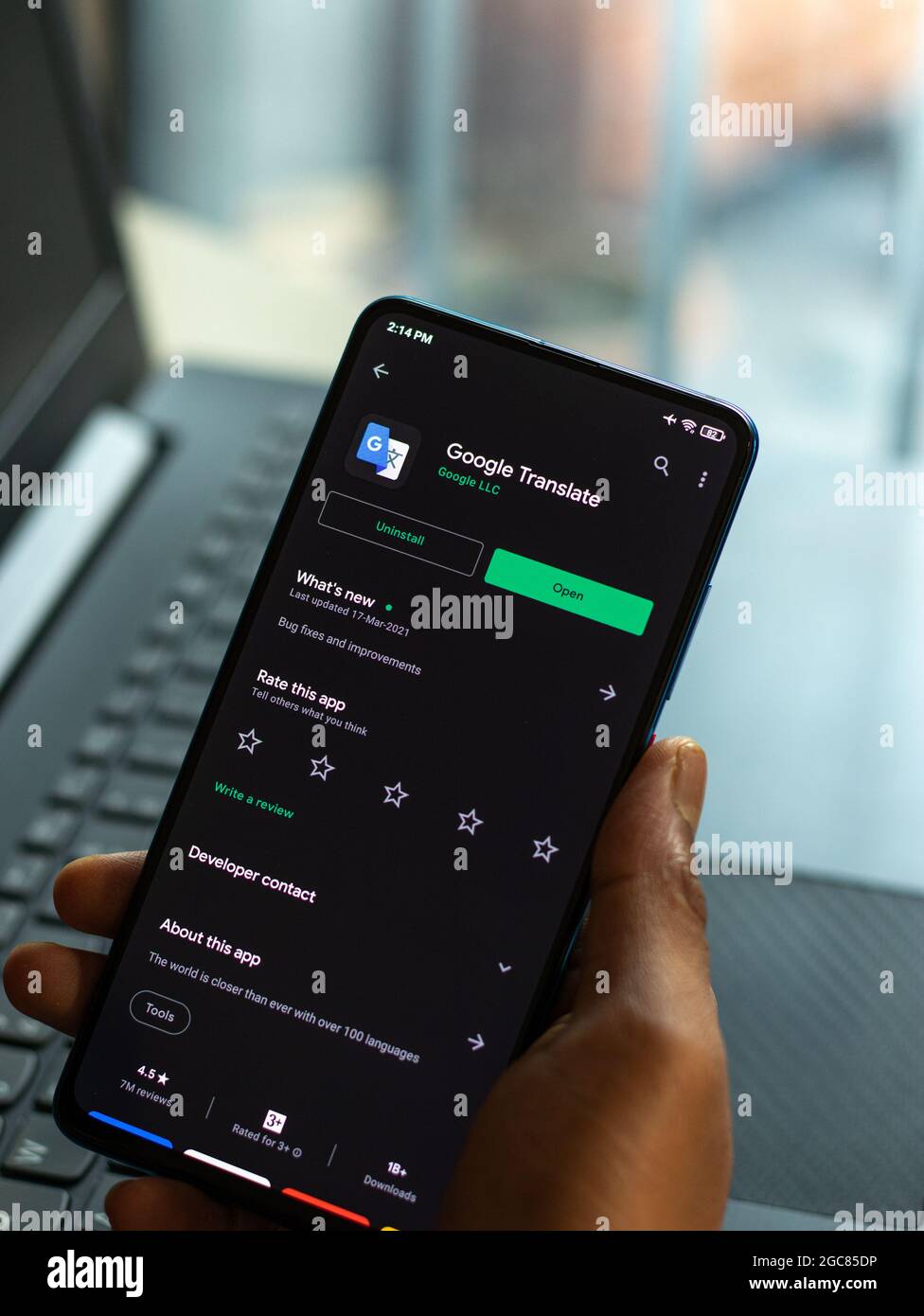 Assam, India August 6, 2021 Google translate logo on phone screen