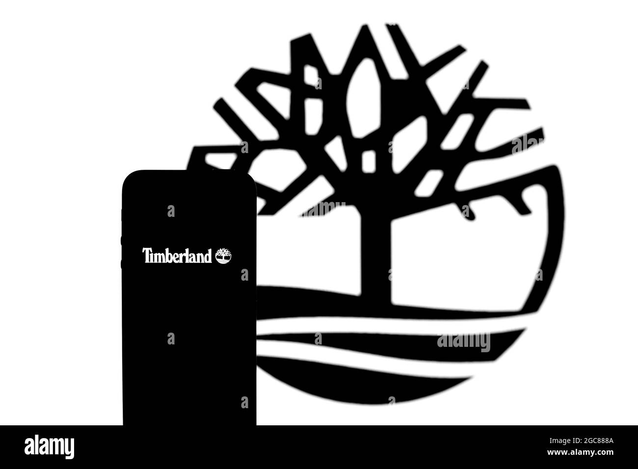 August 6, 2021, Barcelona, Catalonia, Spain: In this photo illustration, a  Timberland logo seen displayed on a smartphone with a Timberland logo in  the background. (Credit Image: © Thiago Prudencio/DAX via ZUMA