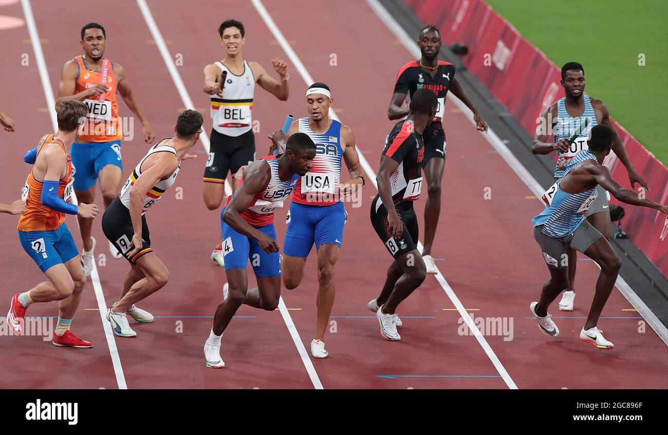 Tokyo, Japan. 7th Aug, 2021. Athletes compete during the Men's 4x400m Final at the Tokyo 2020 Olympic Games in Tokyo, Japan, Aug. 7, 2021. Credit: Li Gang/Xinhua/Alamy Live News Stock Photo