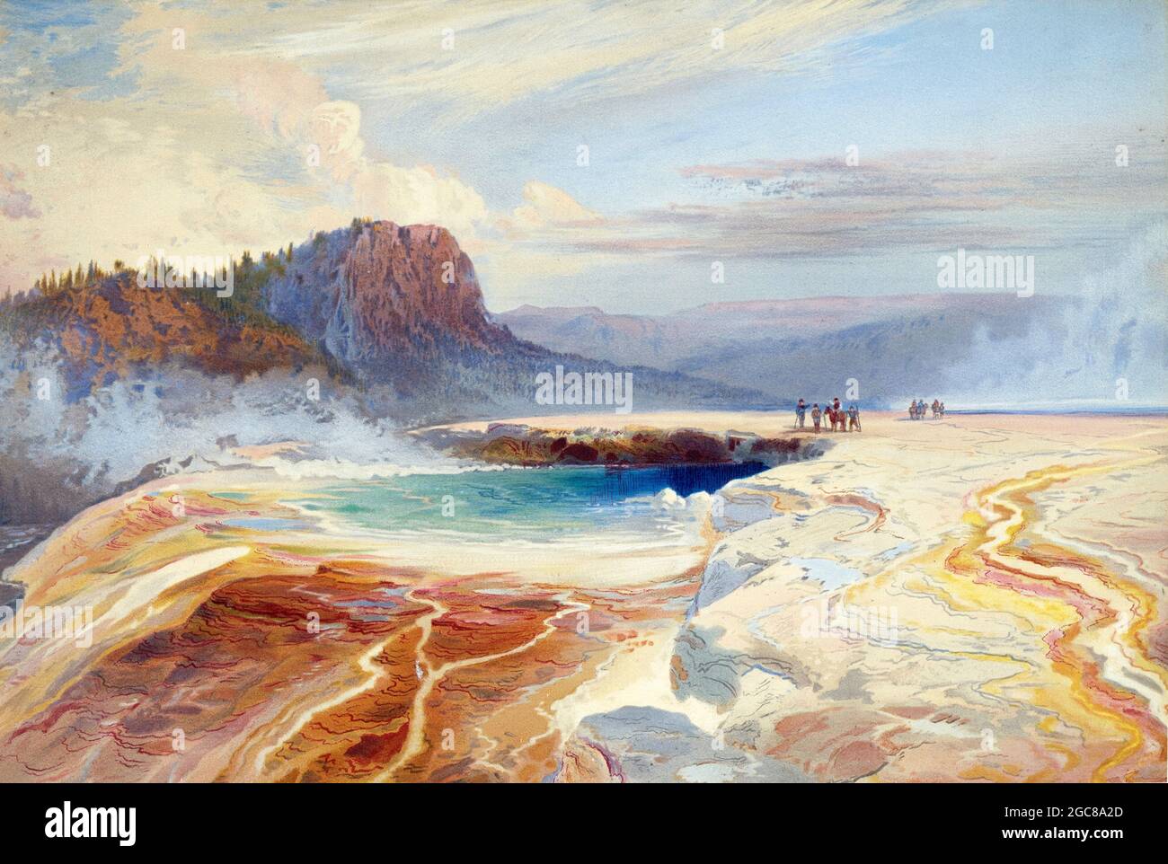 The Great Blue Spring of the Lower Geyser Basin, Yellowstone National Park by Thomas Moran (1837-1926), planographic print, 1875 Stock Photo