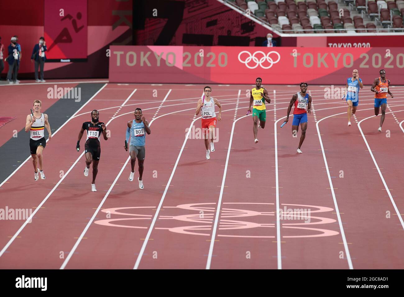 Tokyo, Japan. 7th Aug, 2021. Athletes compete during the Men's 4x400m Final at the Tokyo 2020 Olympic Games in Tokyo, Japan, Aug. 7, 2021. Credit: Li Gang/Xinhua/Alamy Live News Stock Photo