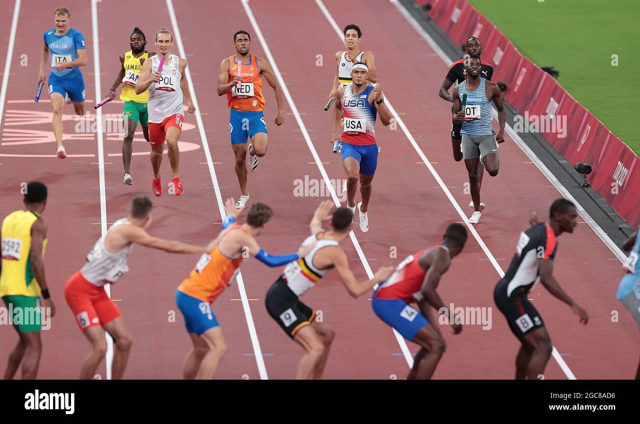 Tokyo, Japan. 7th Aug, 2021. Athletes compete during the Men's 4x400m Final at the Tokyo 2020 Olympic Games in Tokyo, Japan, Aug. 7, 2021. Credit: Li Gang/Xinhua/Alamy Live News Stock Photo