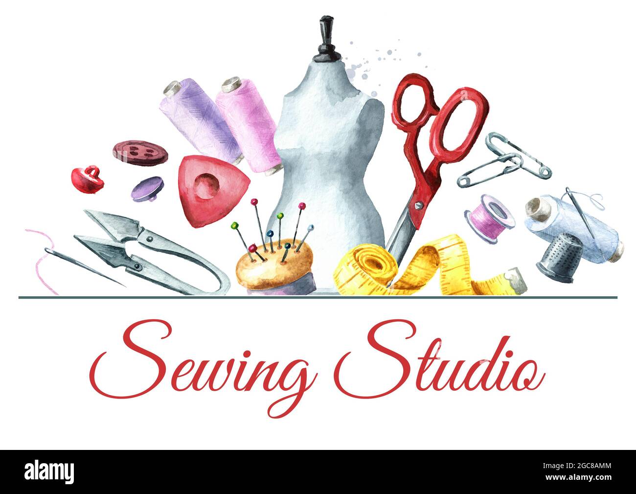 Sewing concept and background. Tailor scissors, measuring tape, a