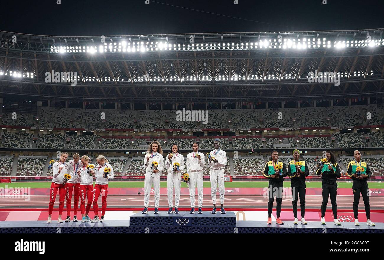 Tokyo, Japan. 7th Aug, 2021. (From L to R) Silver medalists Team Poland, gold medalists Team USA and bronze medalists Team Jamaica attend the awarding ceremony of the women's 4x400m relay at the Tokyo 2020 Olympic Games in Tokyo, Japan, Aug. 7, 2021. Credit: Lui Siu Wai/Xinhua/Alamy Live News Stock Photo