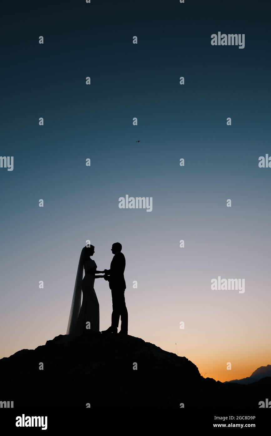 Silhouettes of the bride and groom stand on the mountain on the sunset ...
